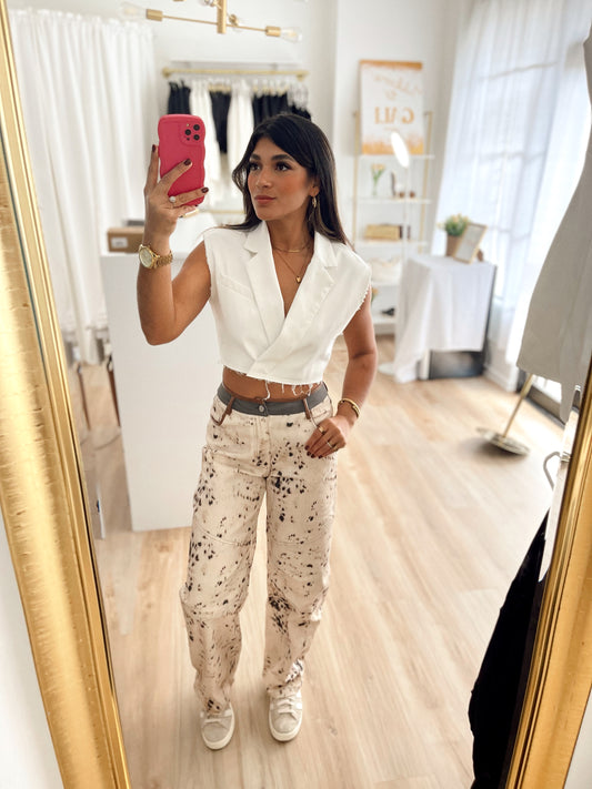 Cow x leather detail denim