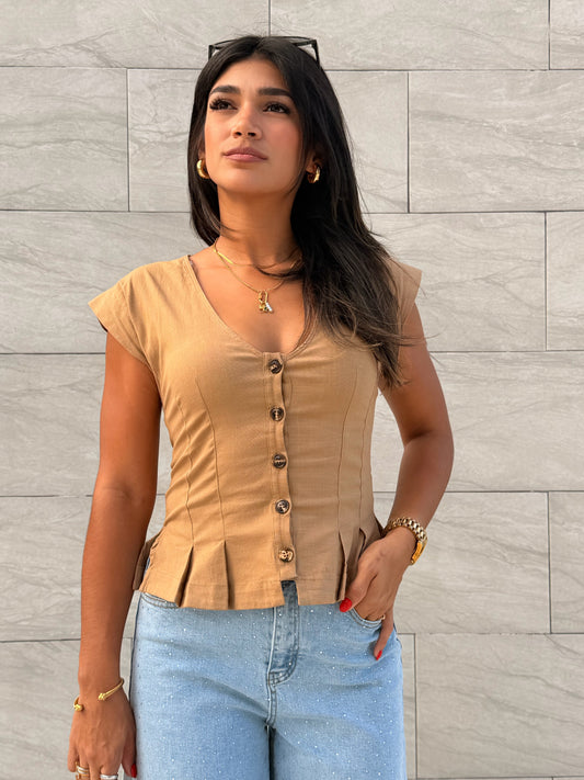 The Hourglass Silhouette Linen Top (khaki)