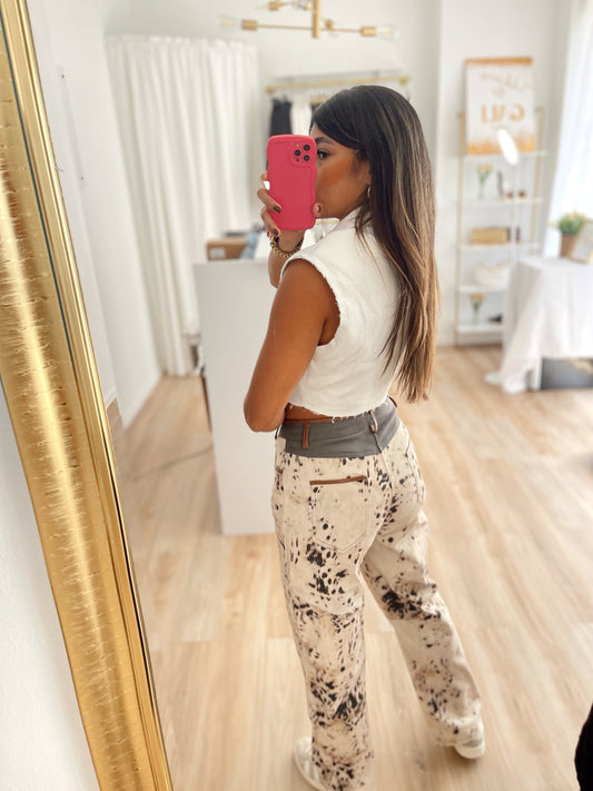 Cow x leather detail denim