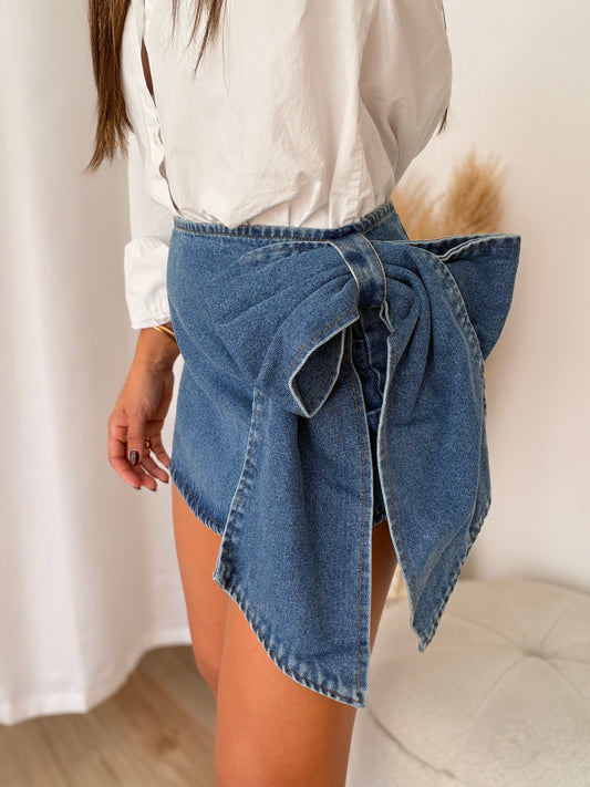 Bow detail denim mini skirt