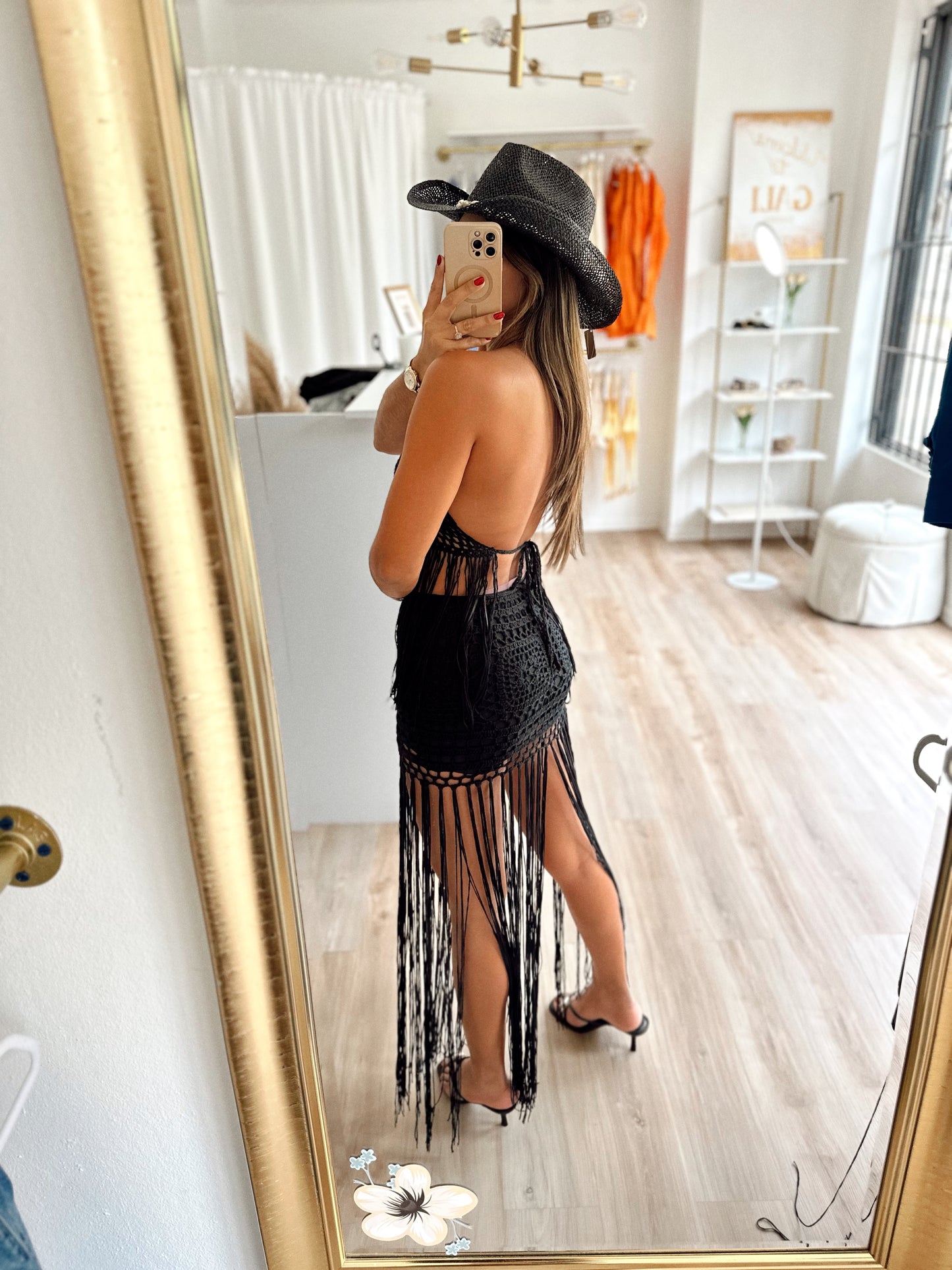 Black crochet and fringes cover up top