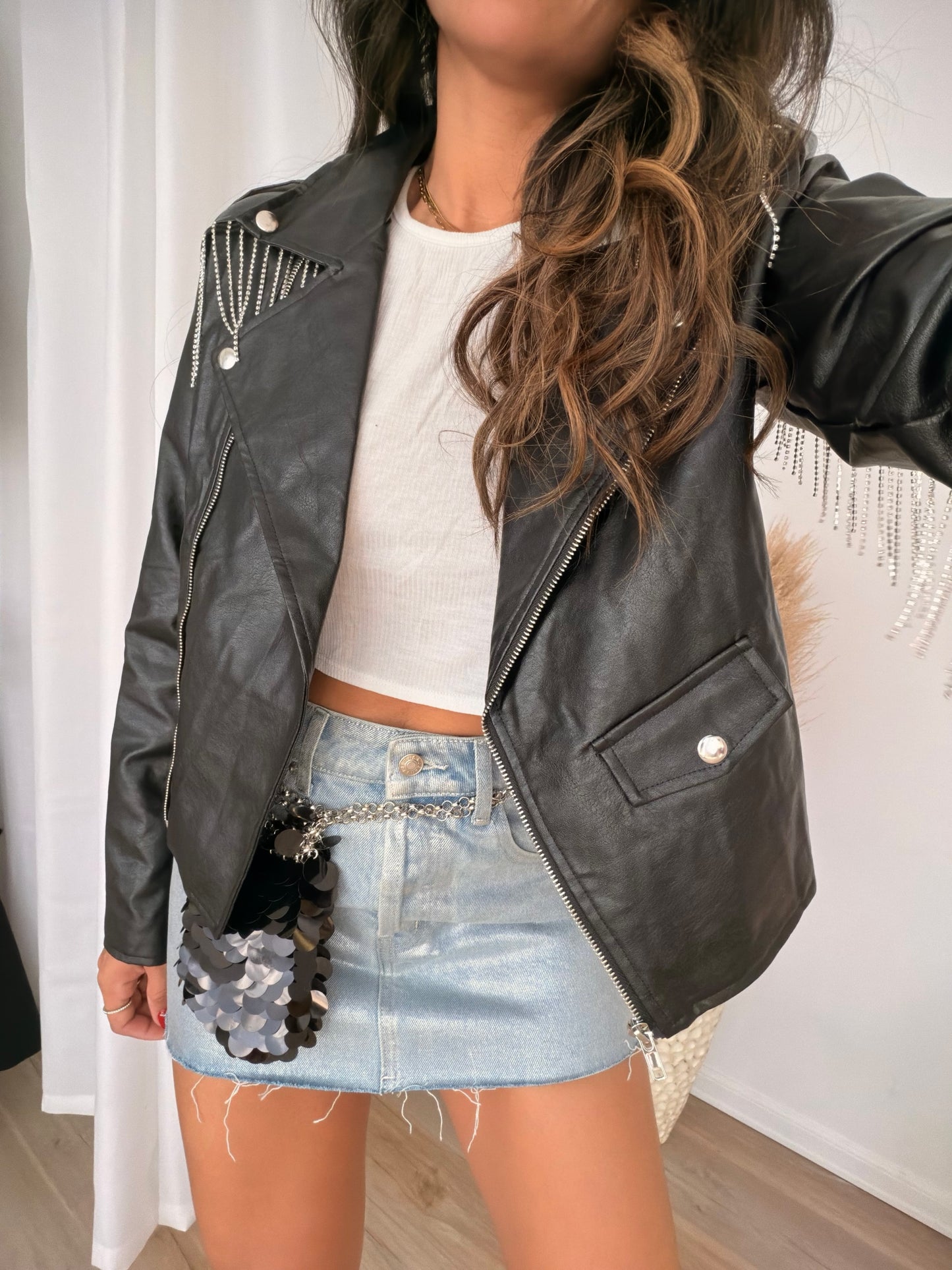 Glitter x fringes leather jacket