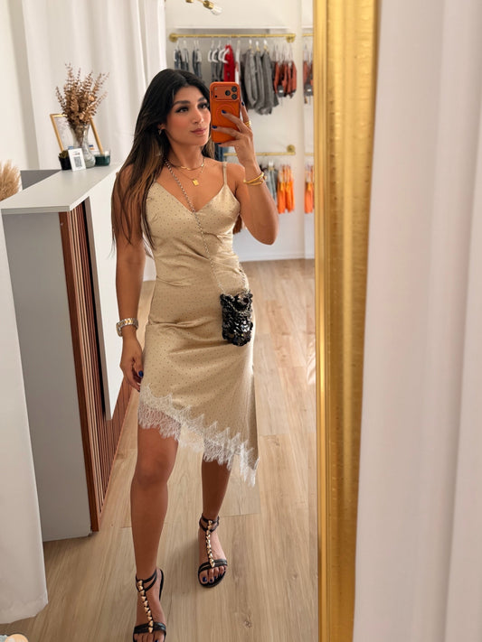 Dotted lace detail satin top