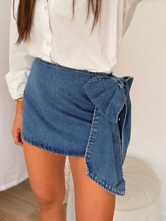 Bow detail denim mini skirt