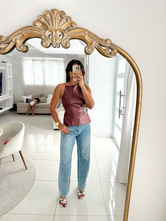 Open back leather top (burgundy)