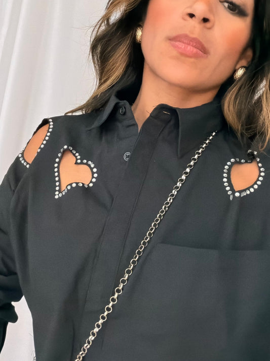 Hearts cutout button up shirt (black)
