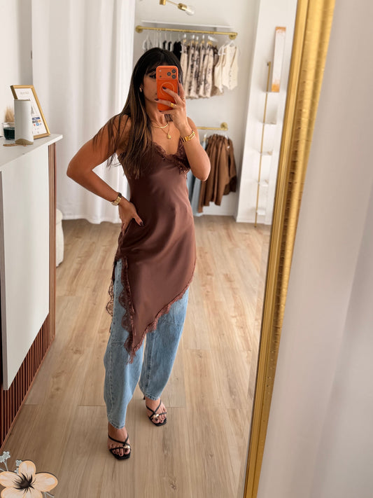 Lace x satin chocolate dress/top