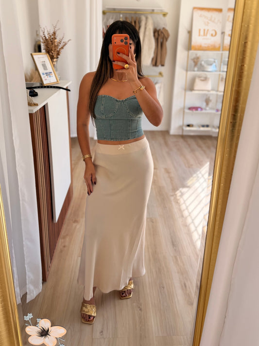 Bow waist detail ivory maxi skirt