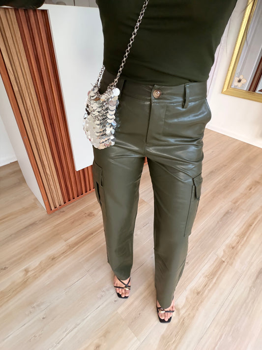 Olive green leather cargo pants