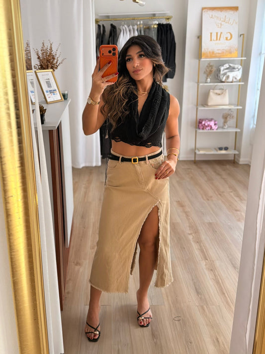 Hoodie x distressed detail top (black)