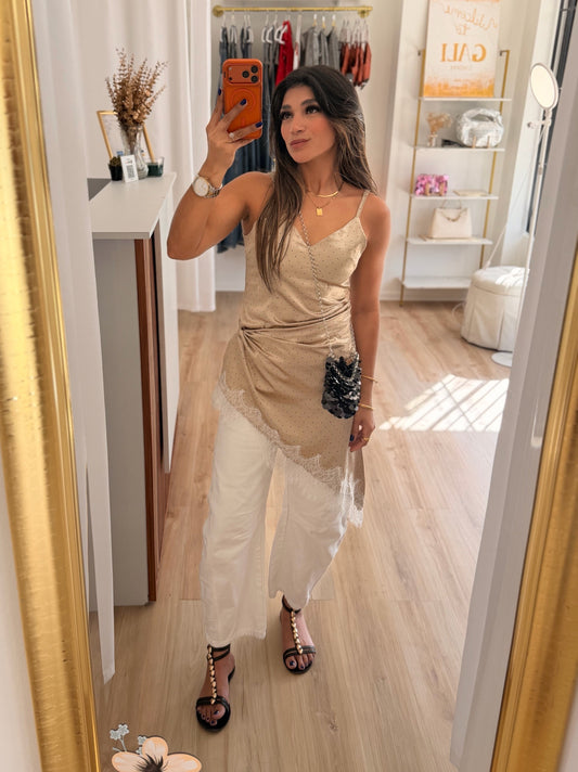 Dotted lace detail satin top