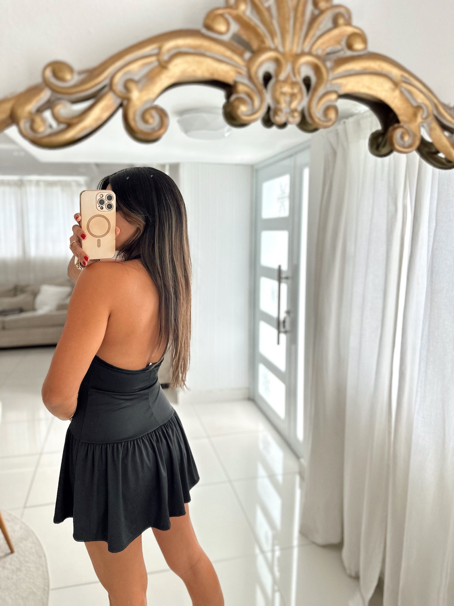 Black halter mini dress