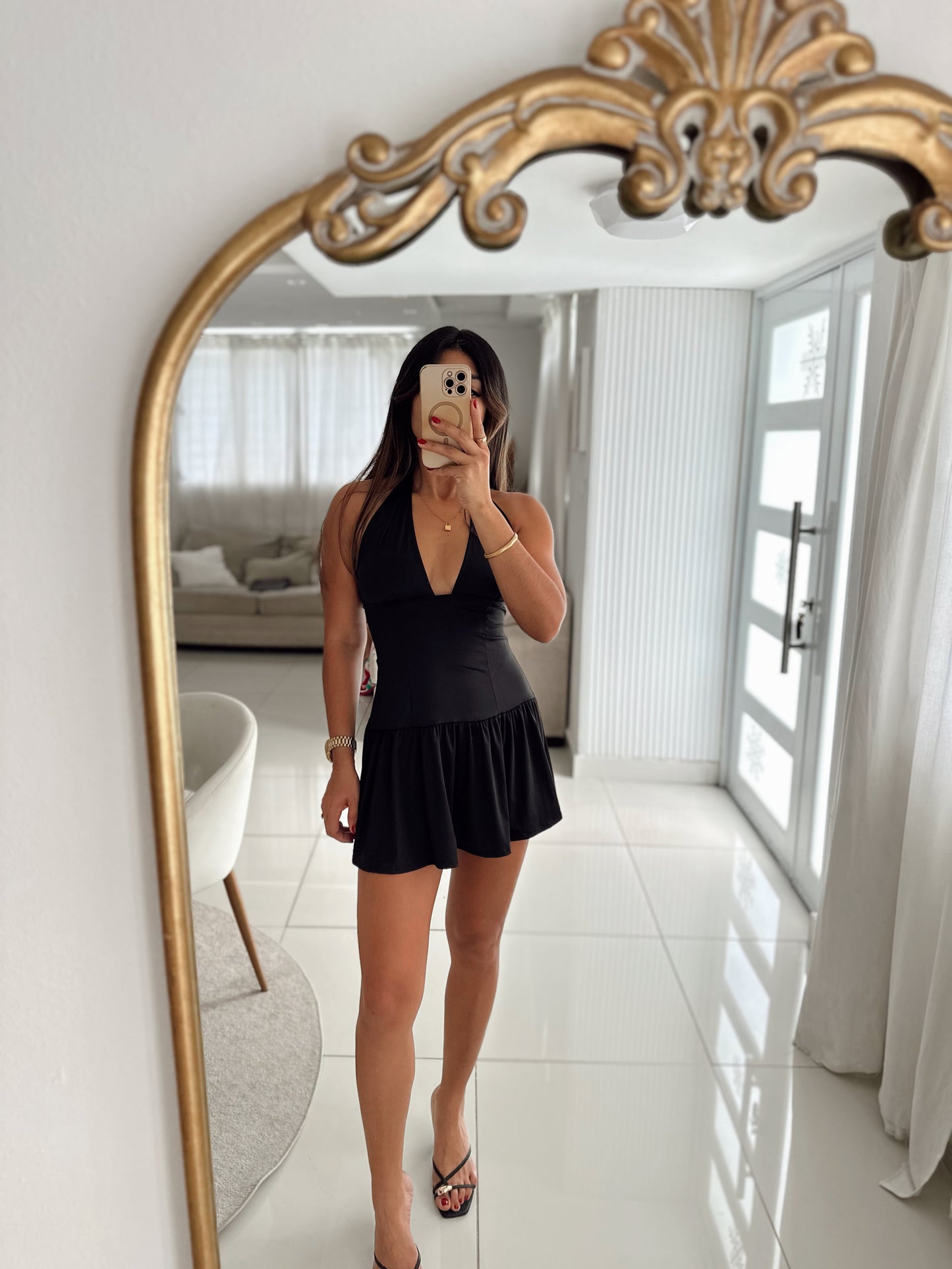 Black halter mini dress