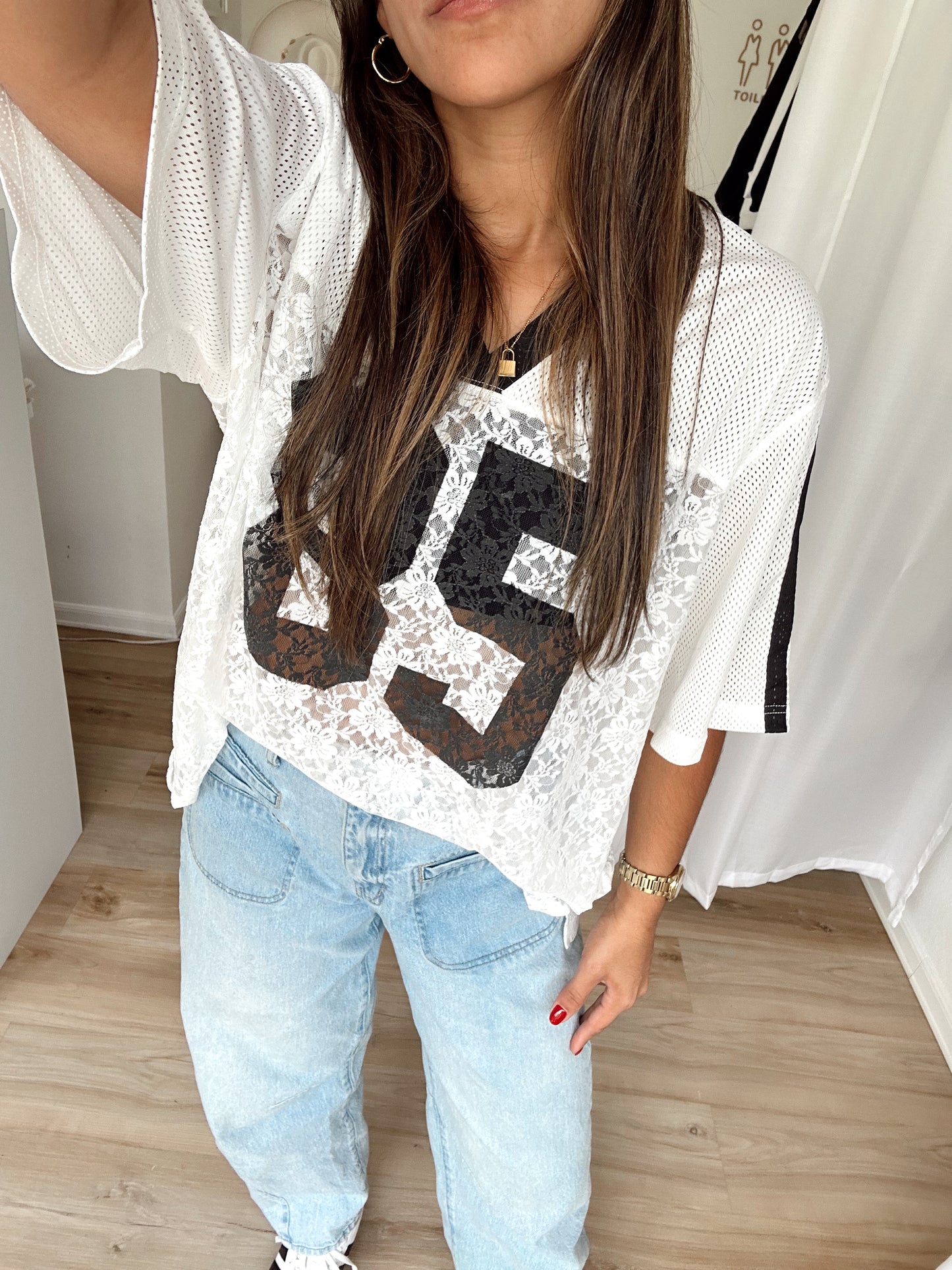 The white x lace jersey top