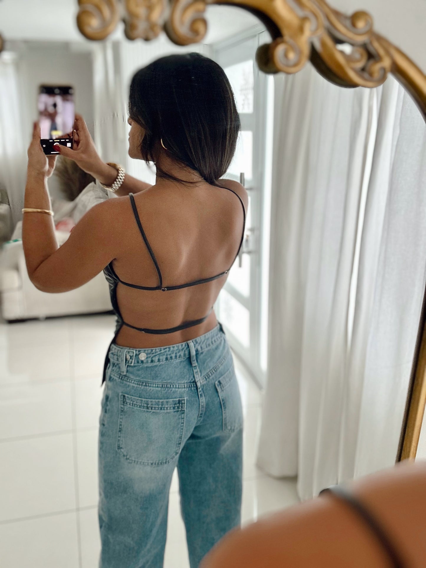 Open back leather top (black)