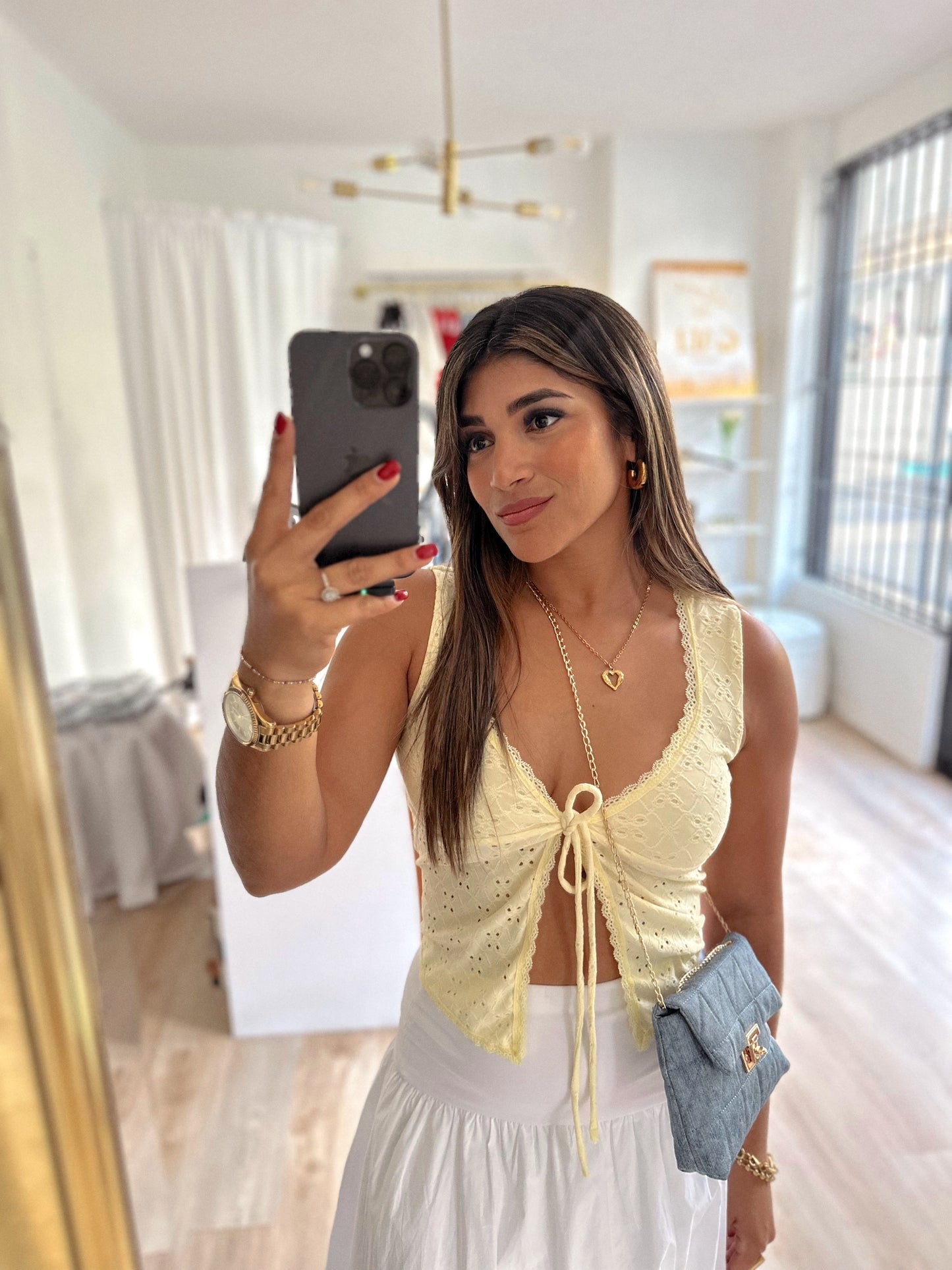 Pastel yellow lace top