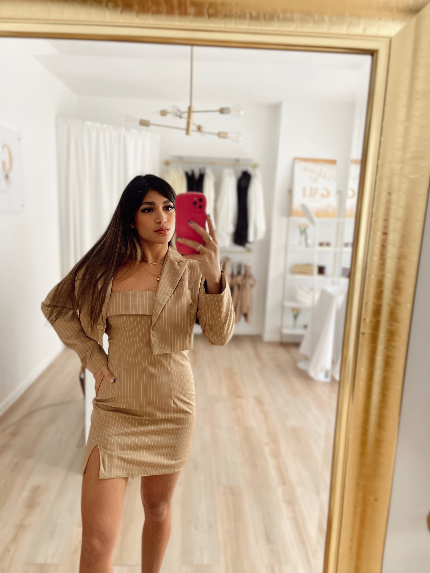 Taupe mini dress and blazer set