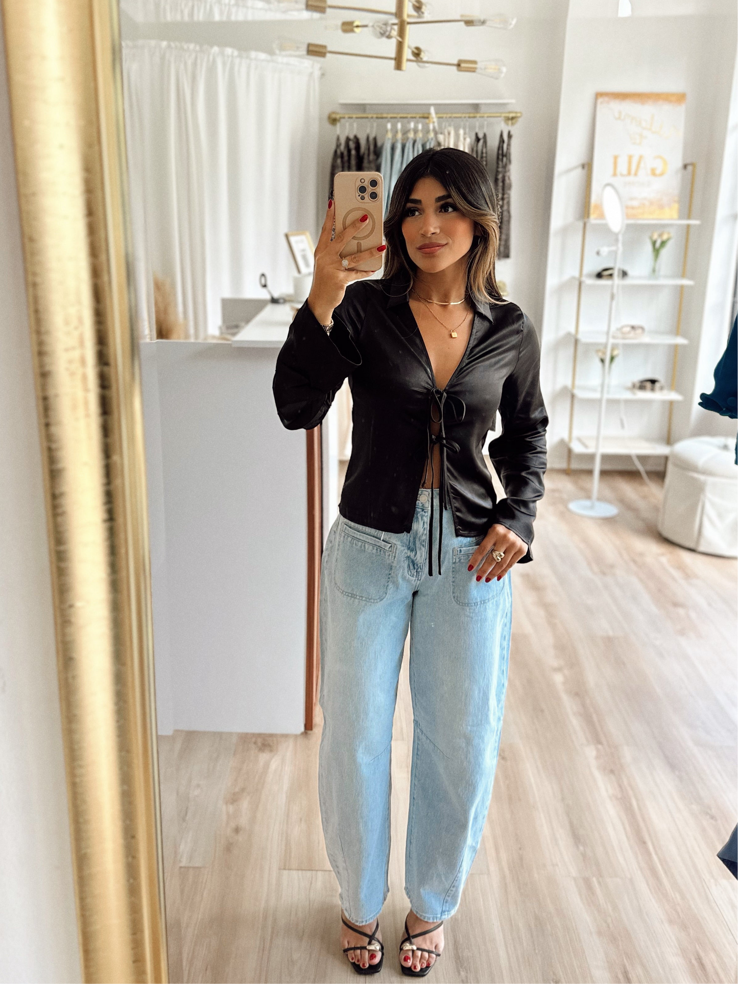 Black bell sleeve satin top