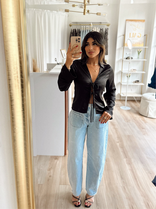Black bell sleeve satin top