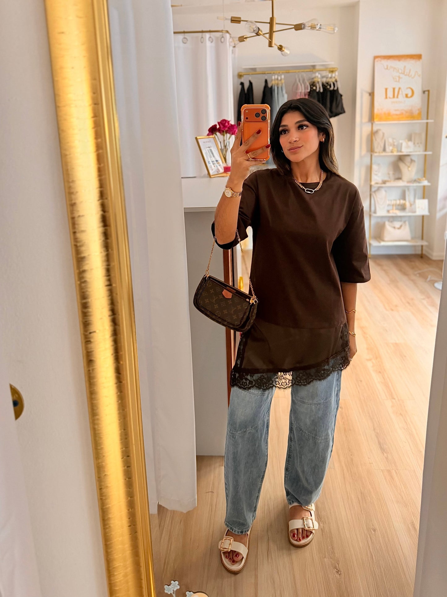 Lace detail contrast coffee top