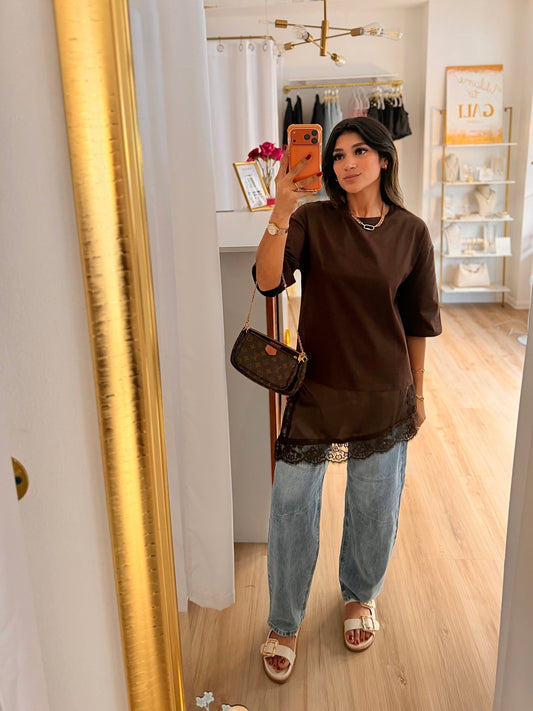 Lace detail contrast coffee top