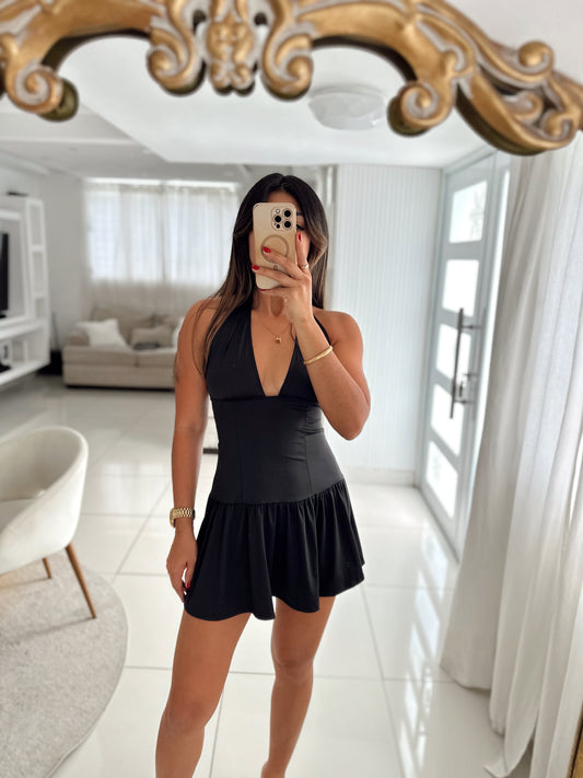 Black halter mini dress