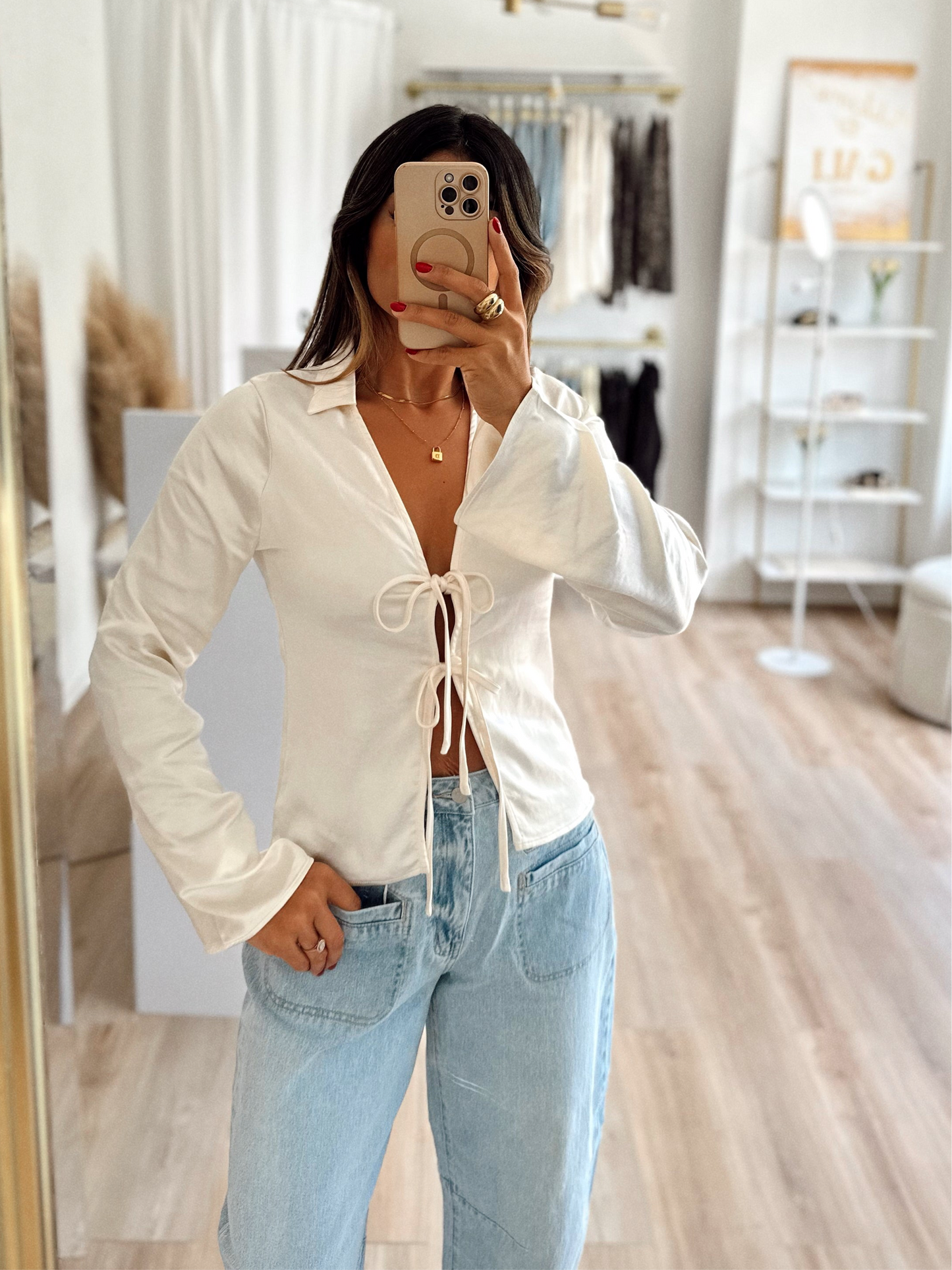 Ivory bell sleeve satin top