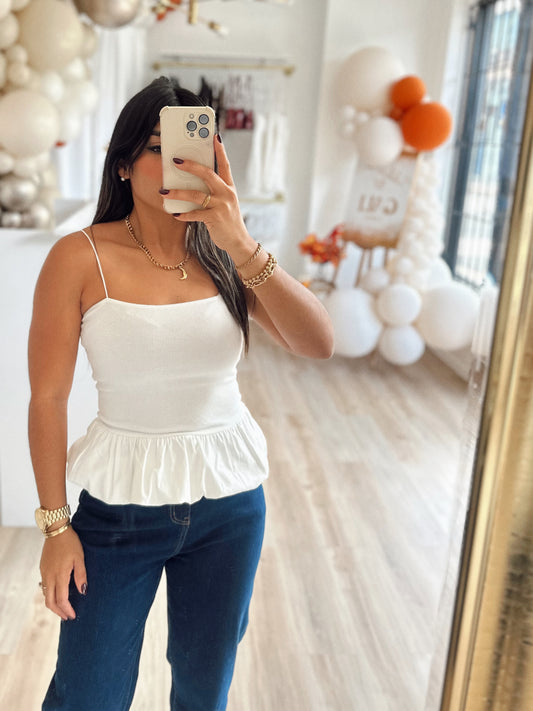 White bubble waist top