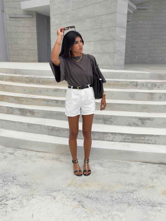 Bone white denim short