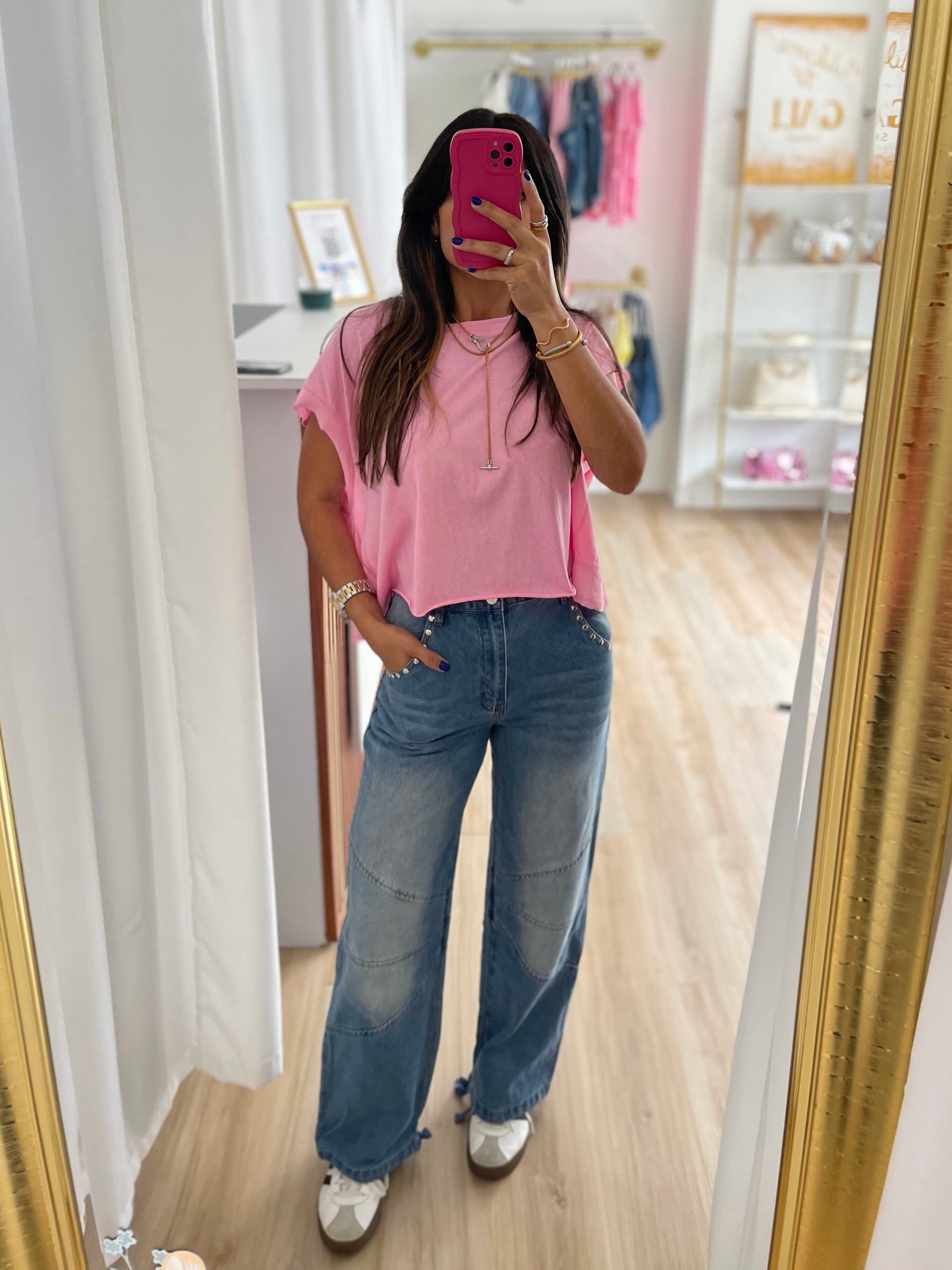 Silver dots two ways denim