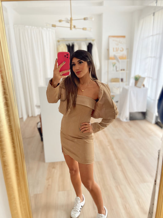 Taupe mini dress and blazer set