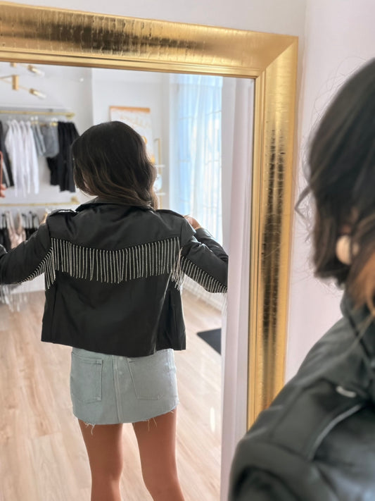 Glitter x fringes leather jacket