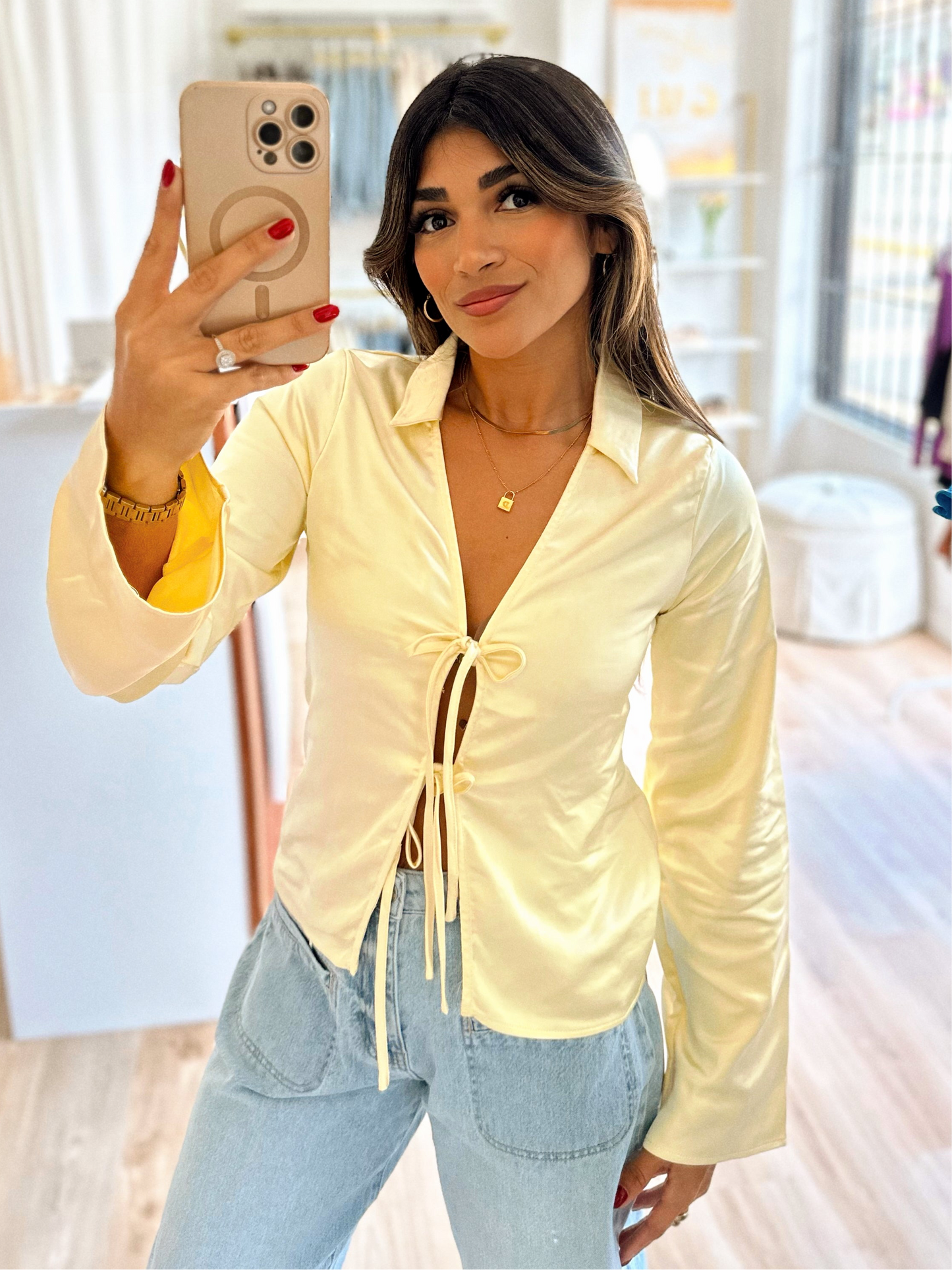 Butter yellow bell sleeve satin top