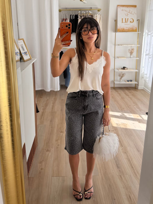 Shiny details grey bermuda denim