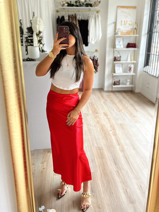 Scarlet red satin skirt