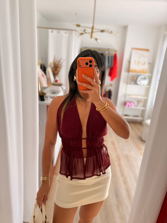 Burgundy shiny open back top