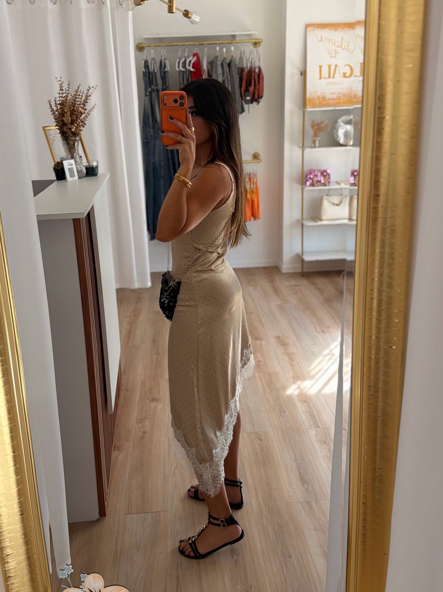 Dotted lace detail satin top