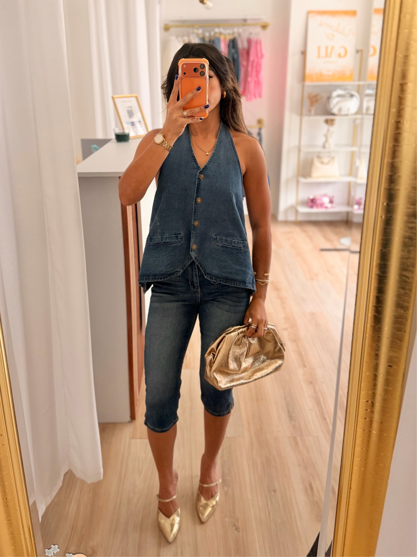 Denim flare x back out x halter top