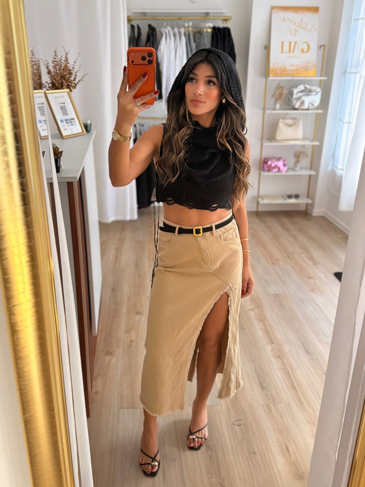 Hoodie x distressed detail top (black)