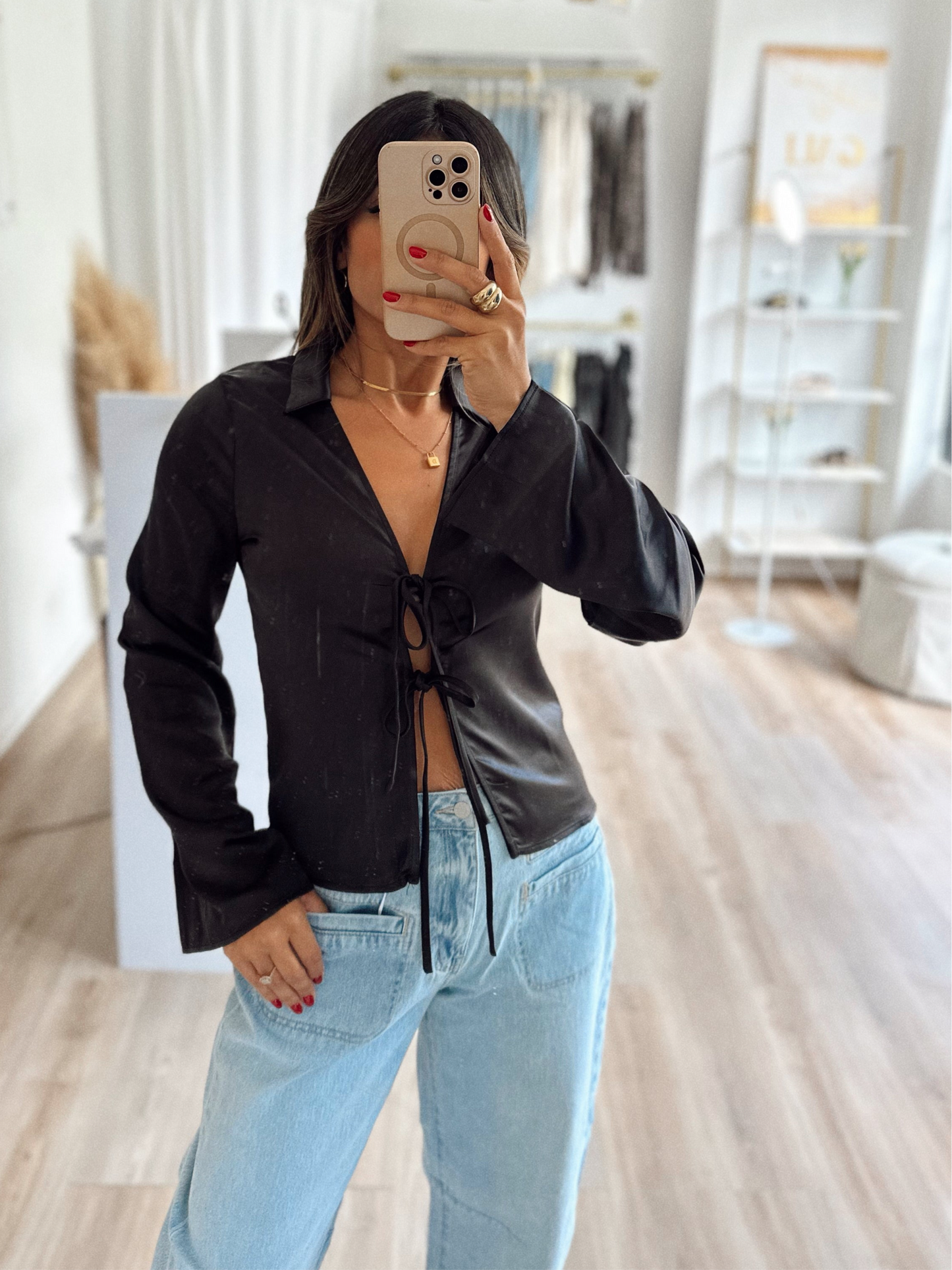 Black bell sleeve satin top
