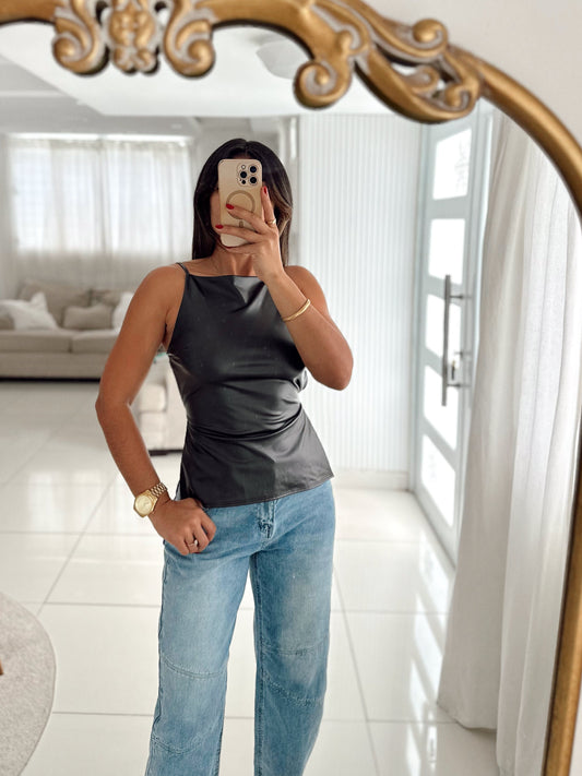 Open back leather top (black)