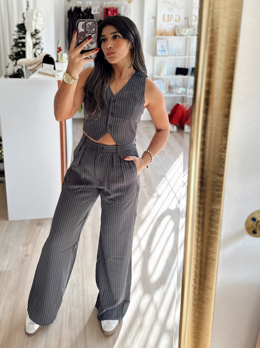 Charcoal striped vest and pants set