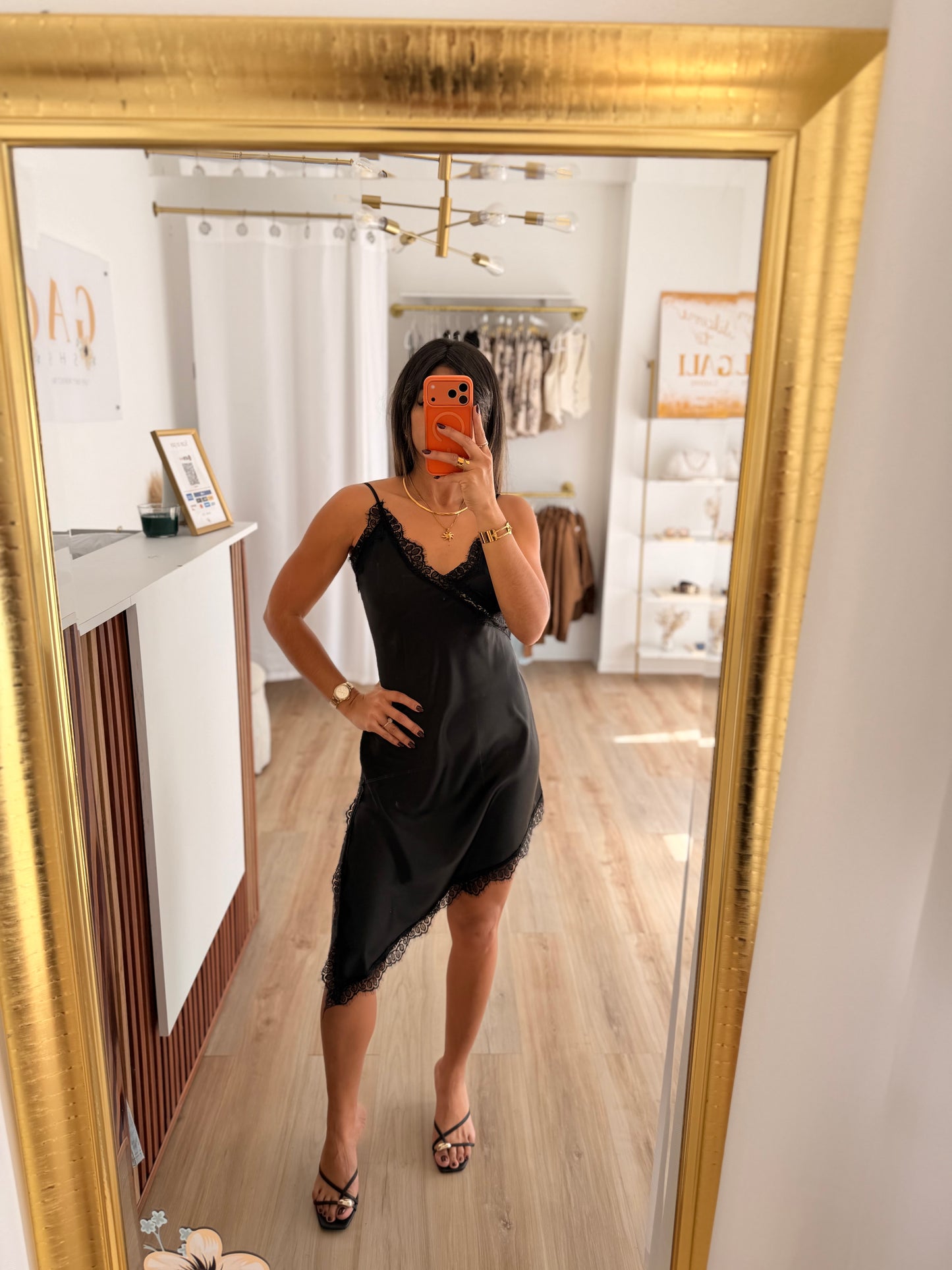 Lace x satin black dress/top