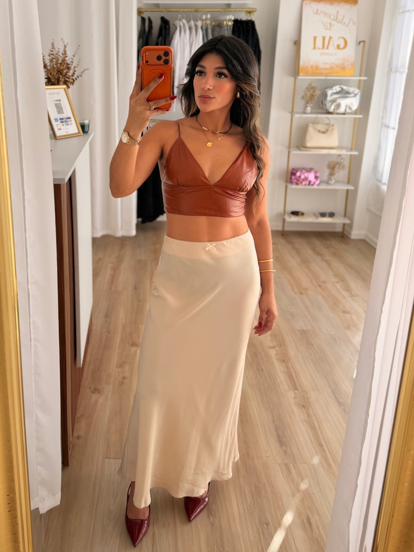 Cognac leather bralette top