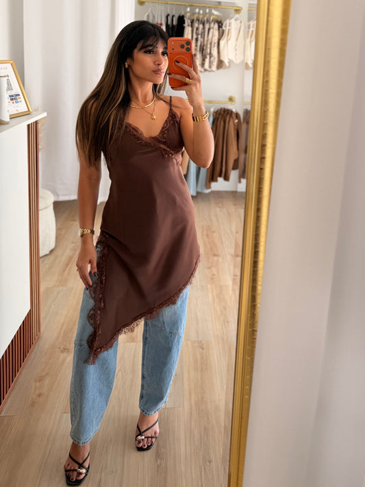 Lace x satin chocolate dress/top