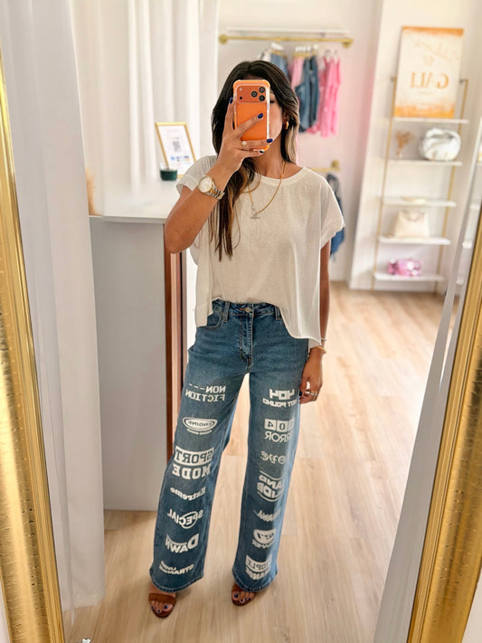404 graphic wide leg denim