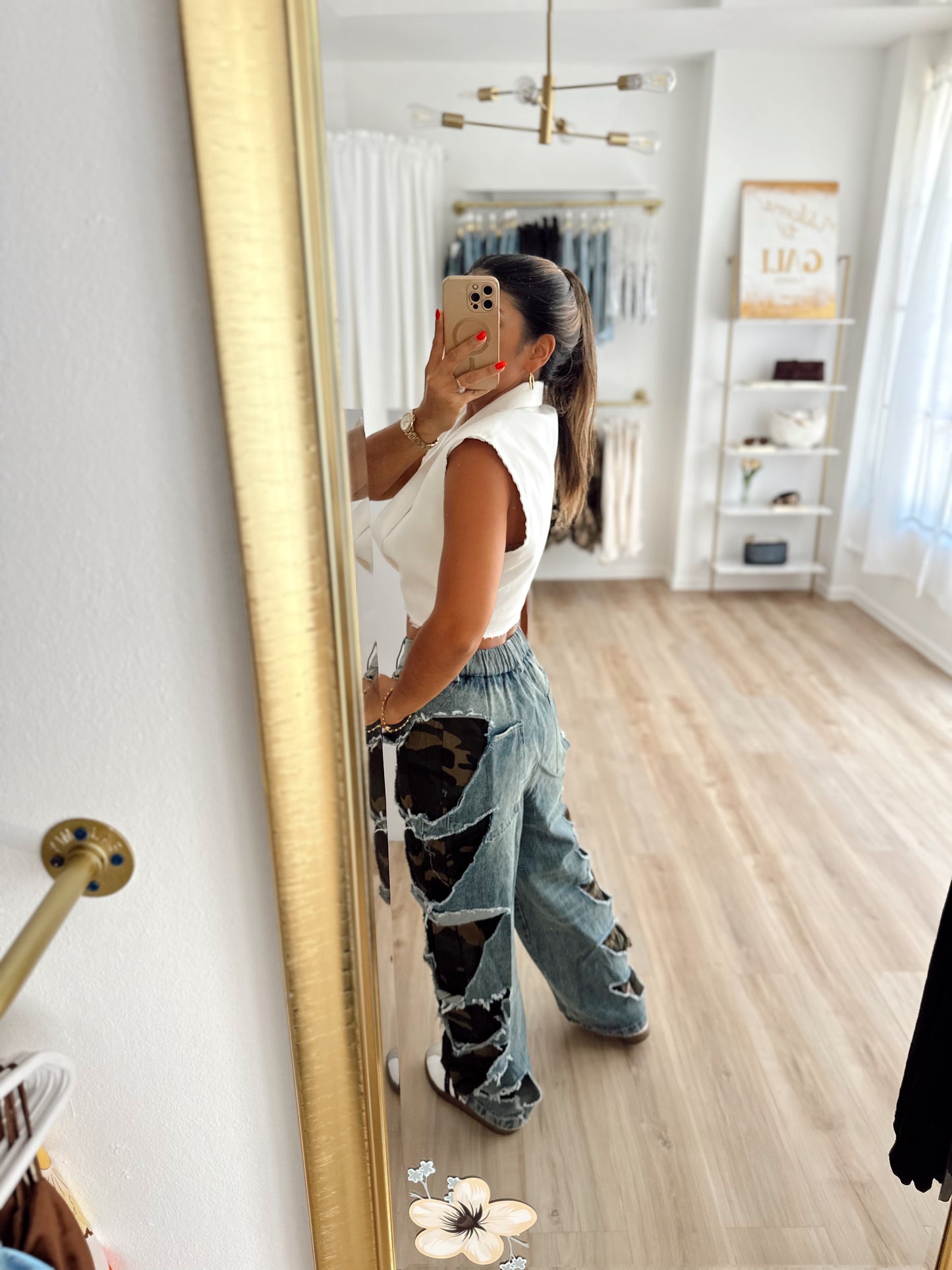 Army detail distress baggy denim