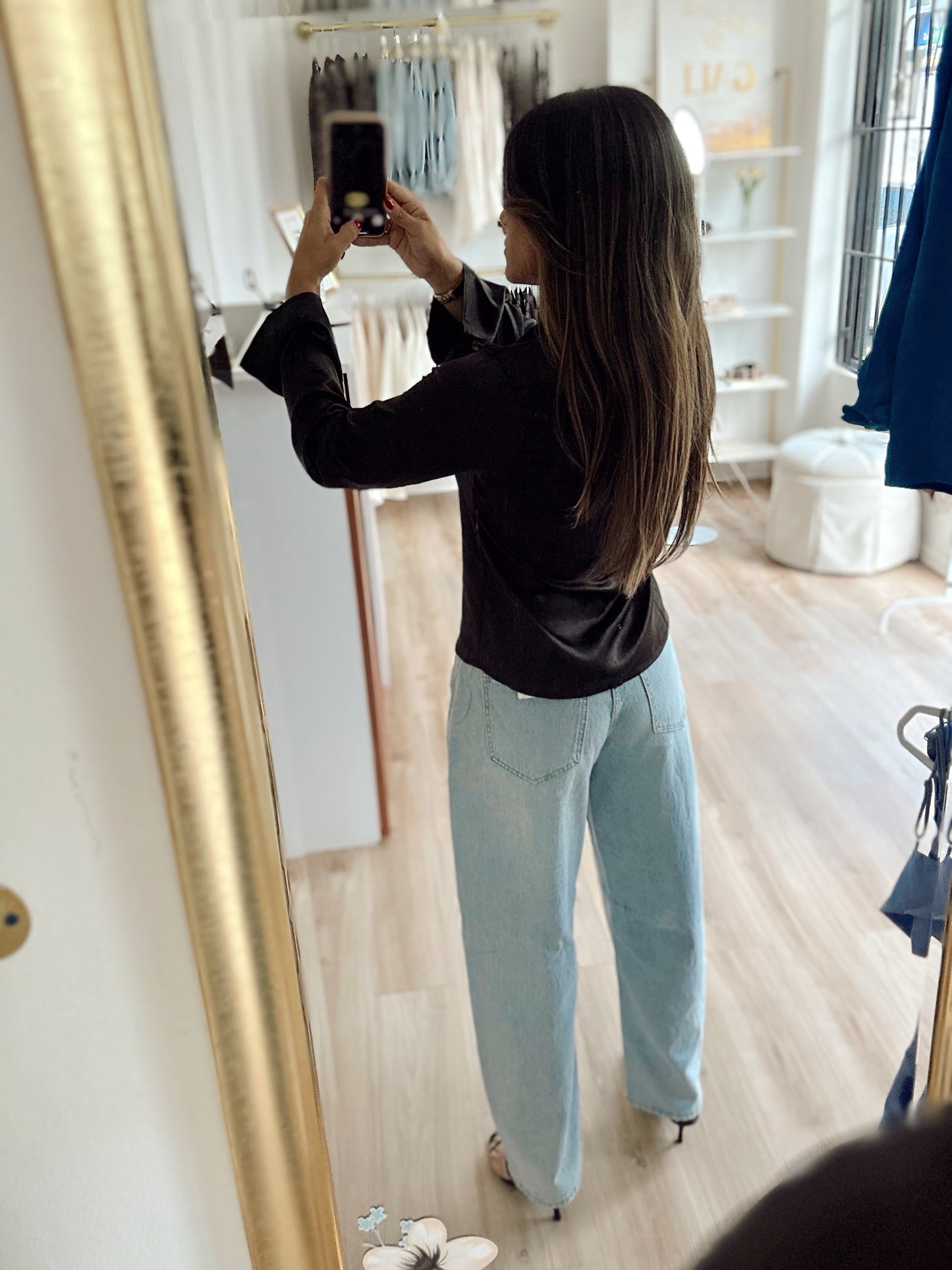 Black bell sleeve satin top
