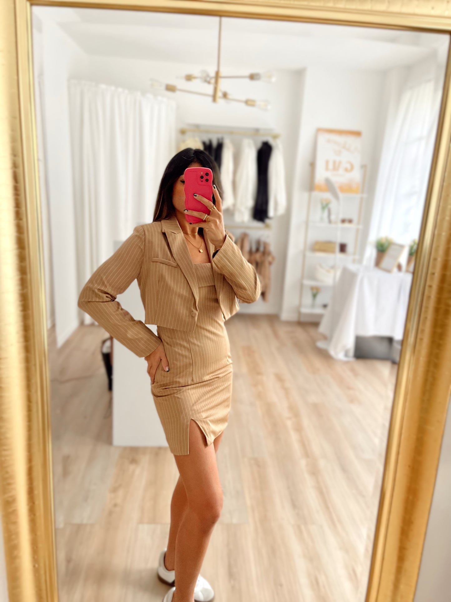 Taupe mini dress and blazer set