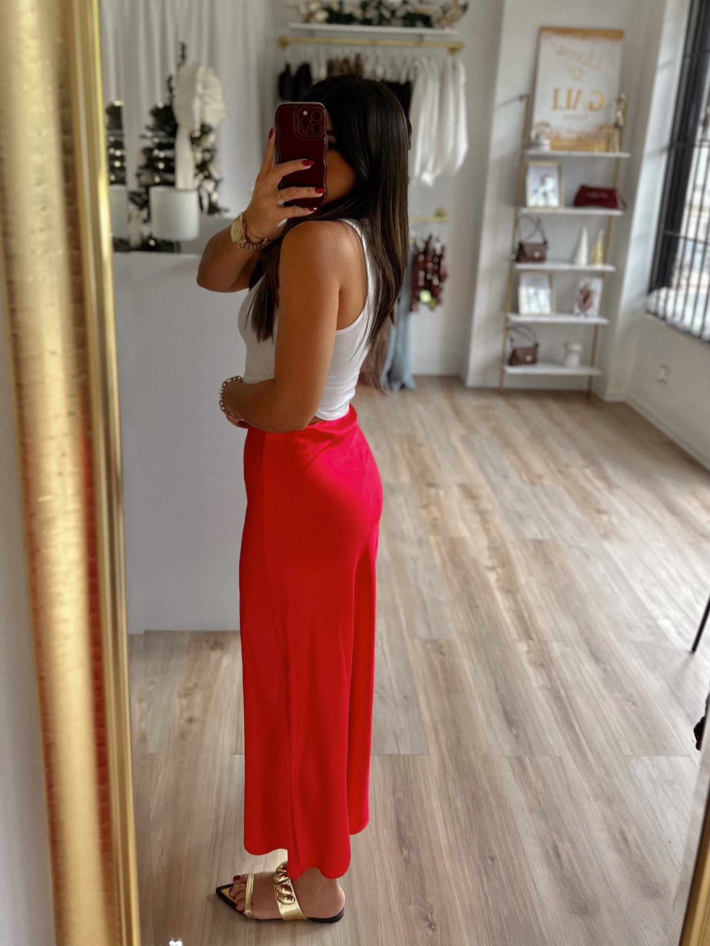 Scarlet red satin skirt